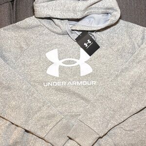 $55 NWT Under Armour Heather Gray Sweatshirt Hoodie Women’s Large White Logo